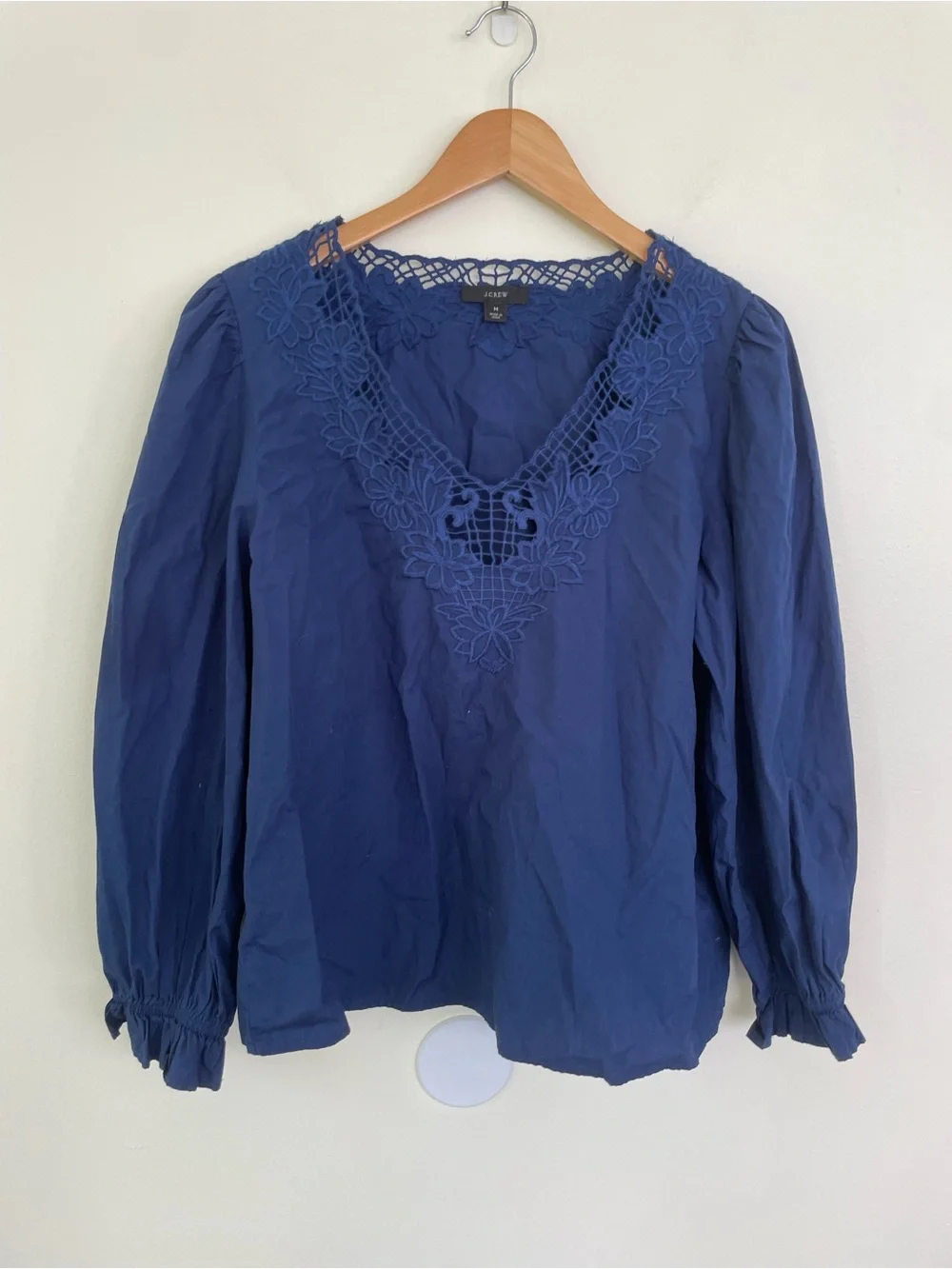 J Crew V-neck Top with Eyelet Trim in Dark Blue M Medium BL038 Lace Peasant Top